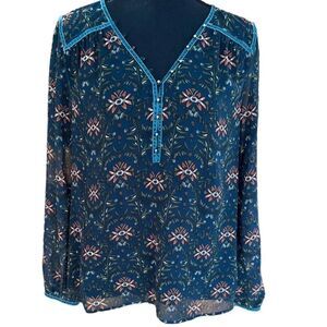 Pale Sky floral lined chiffon button front top with velvet accents size M